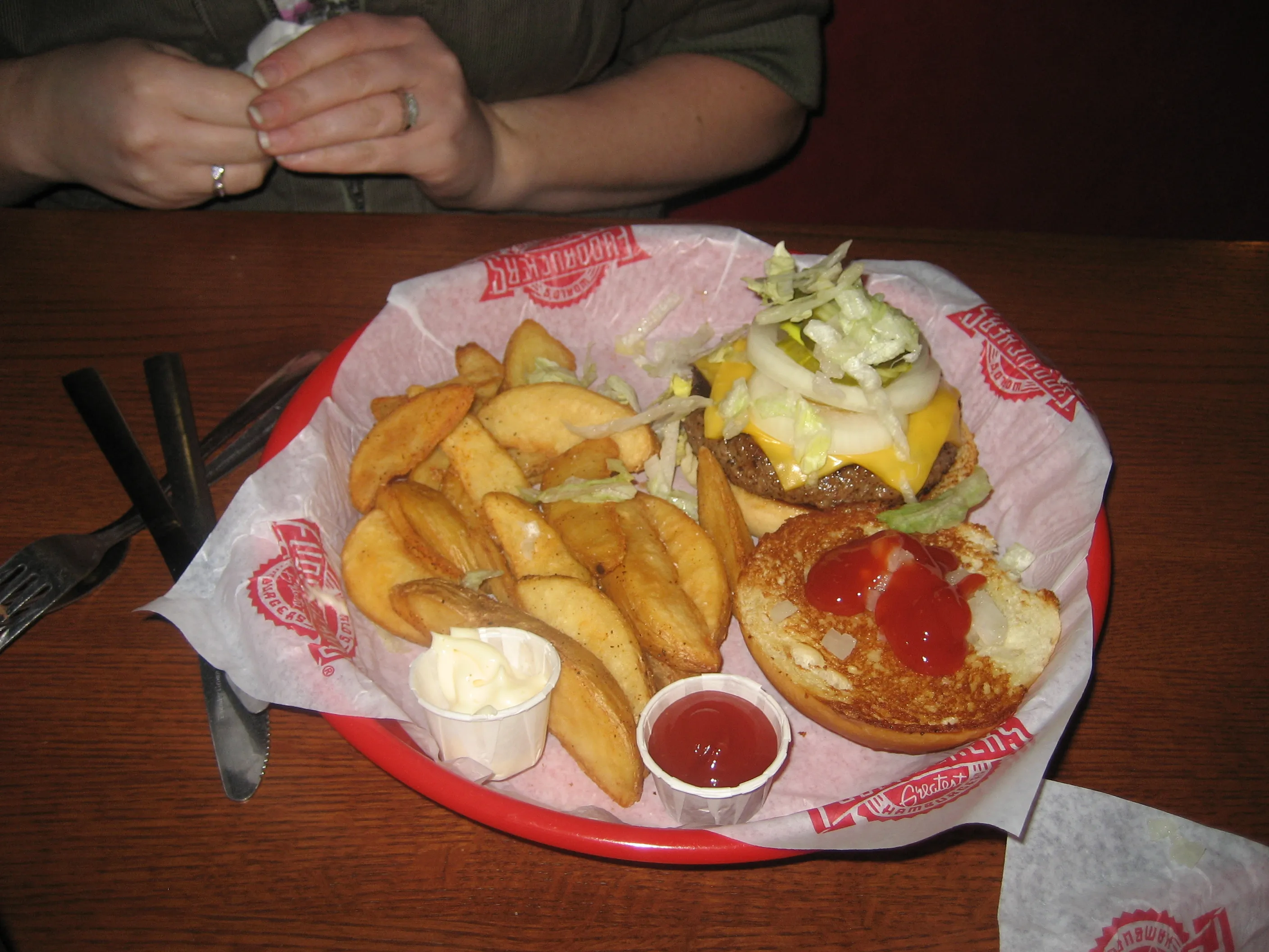 McValue-style cheeseburger with steak fries, small fries and soda