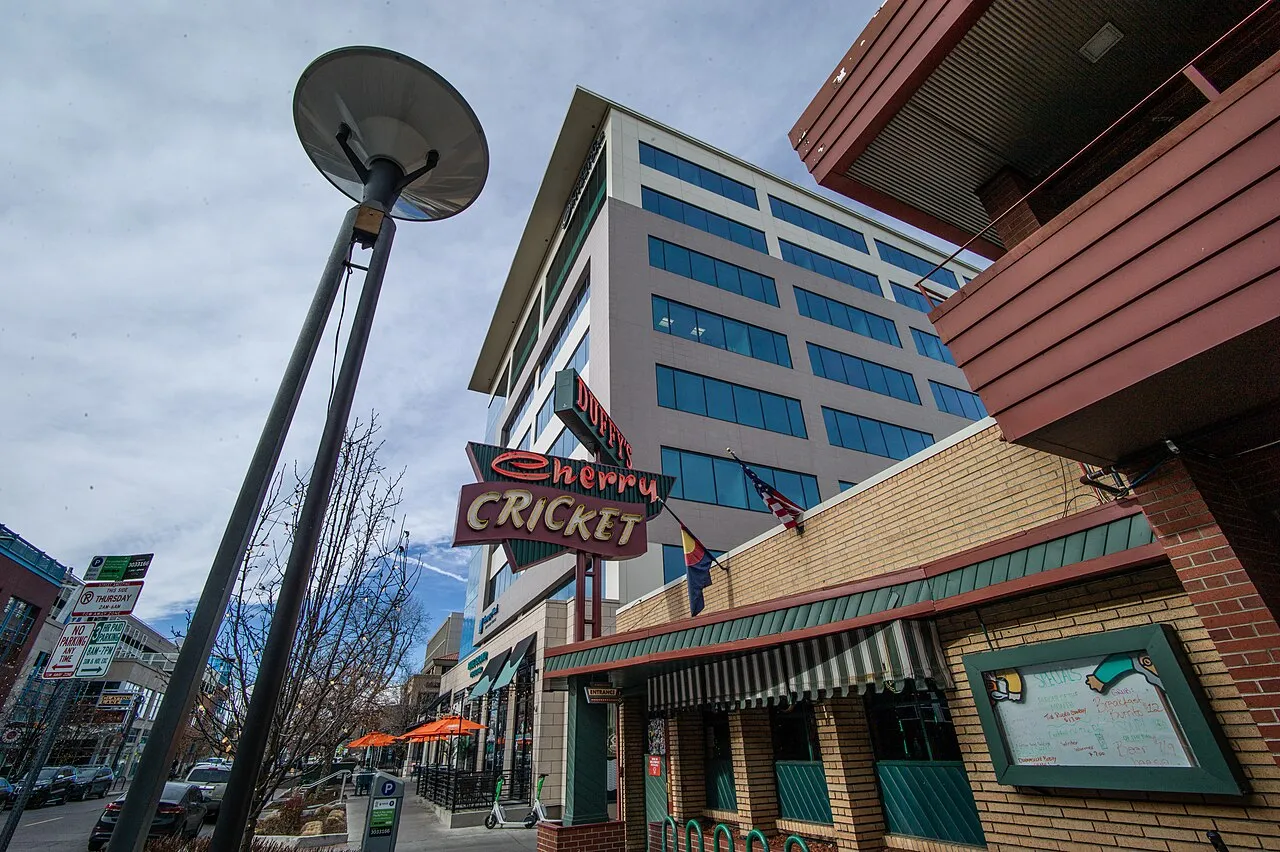 Vintage Cherry Cricket sign outside The Cherry Cricket burger tavern on E 2nd Ave in Cherry Creek, home of some of the best burgers in Denver