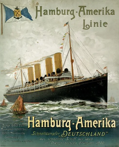 Cartel de la Hamburg America Line del vapor rápido Deutschland hacia 1900, ligado a la teoría del filete de Hamburgo