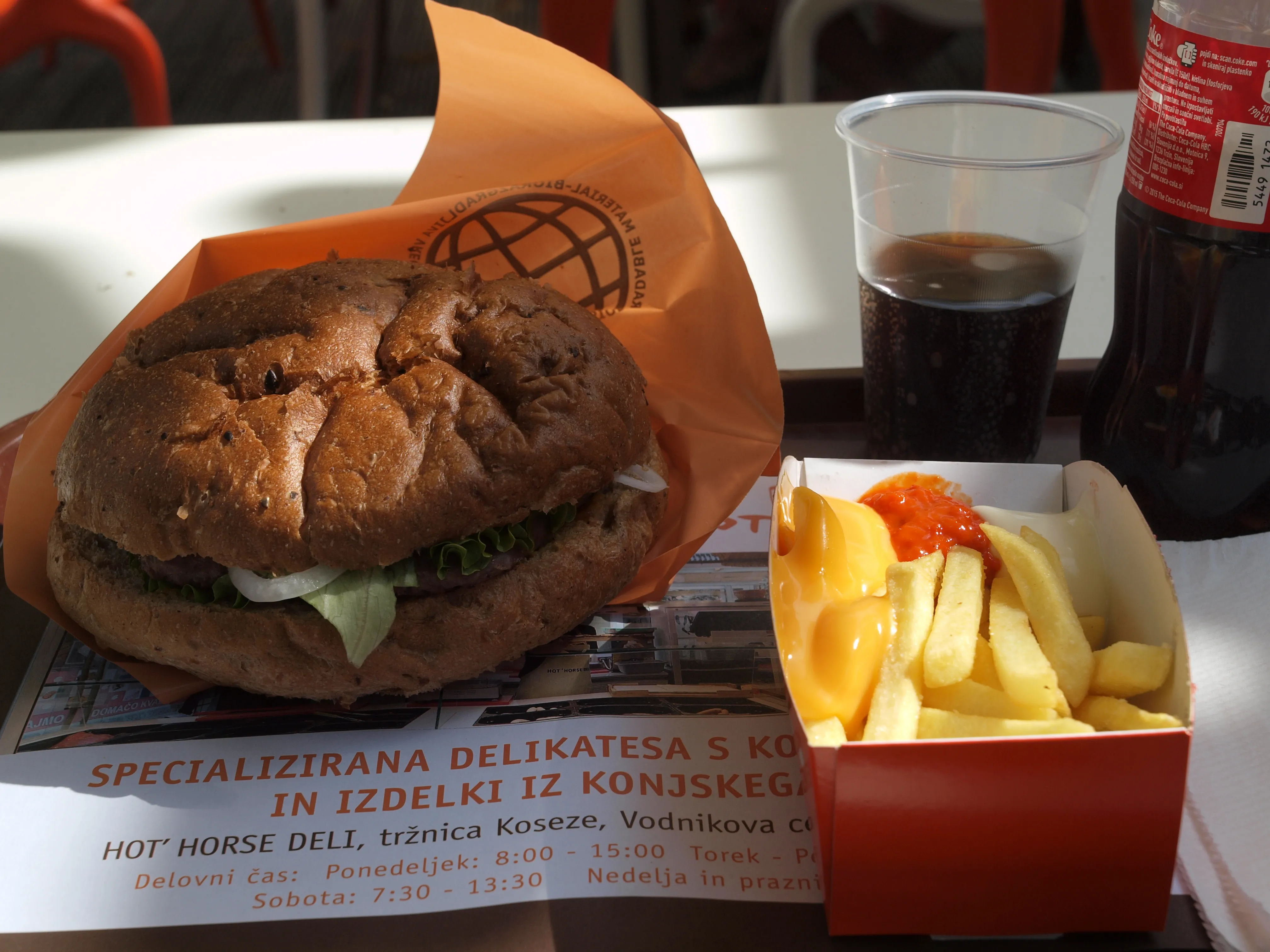 Hot Horse horse burger with jalapeños and fries in Ljubljana