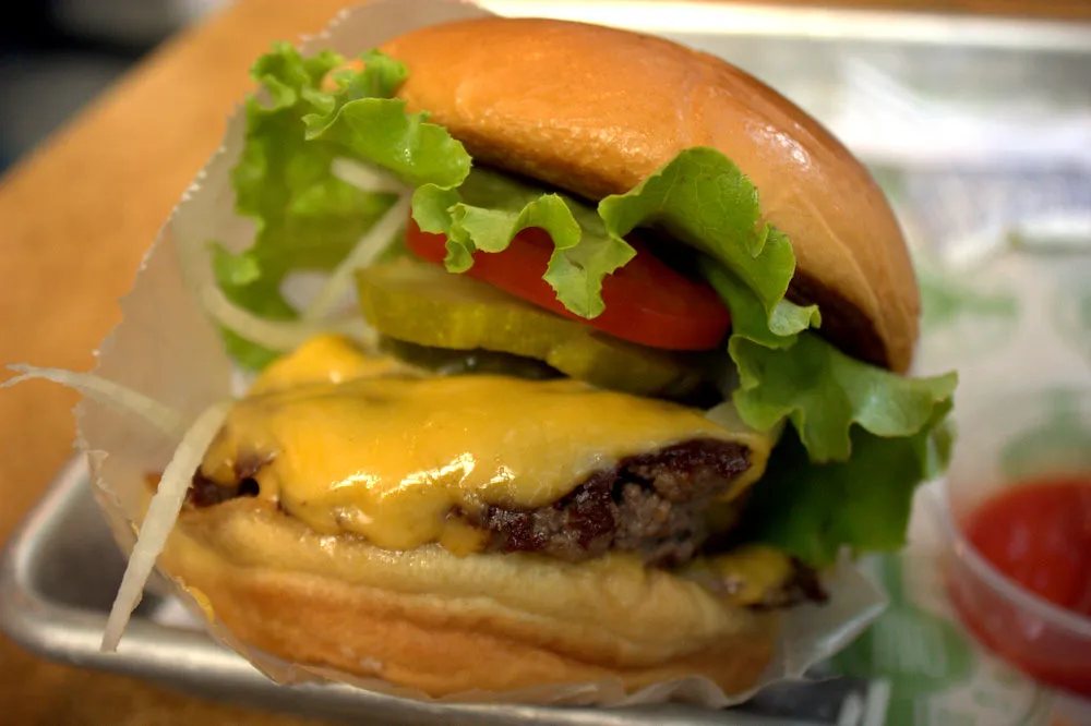 Double buff cheeseburger with melted cheddar in a brioche bun in New Delhi