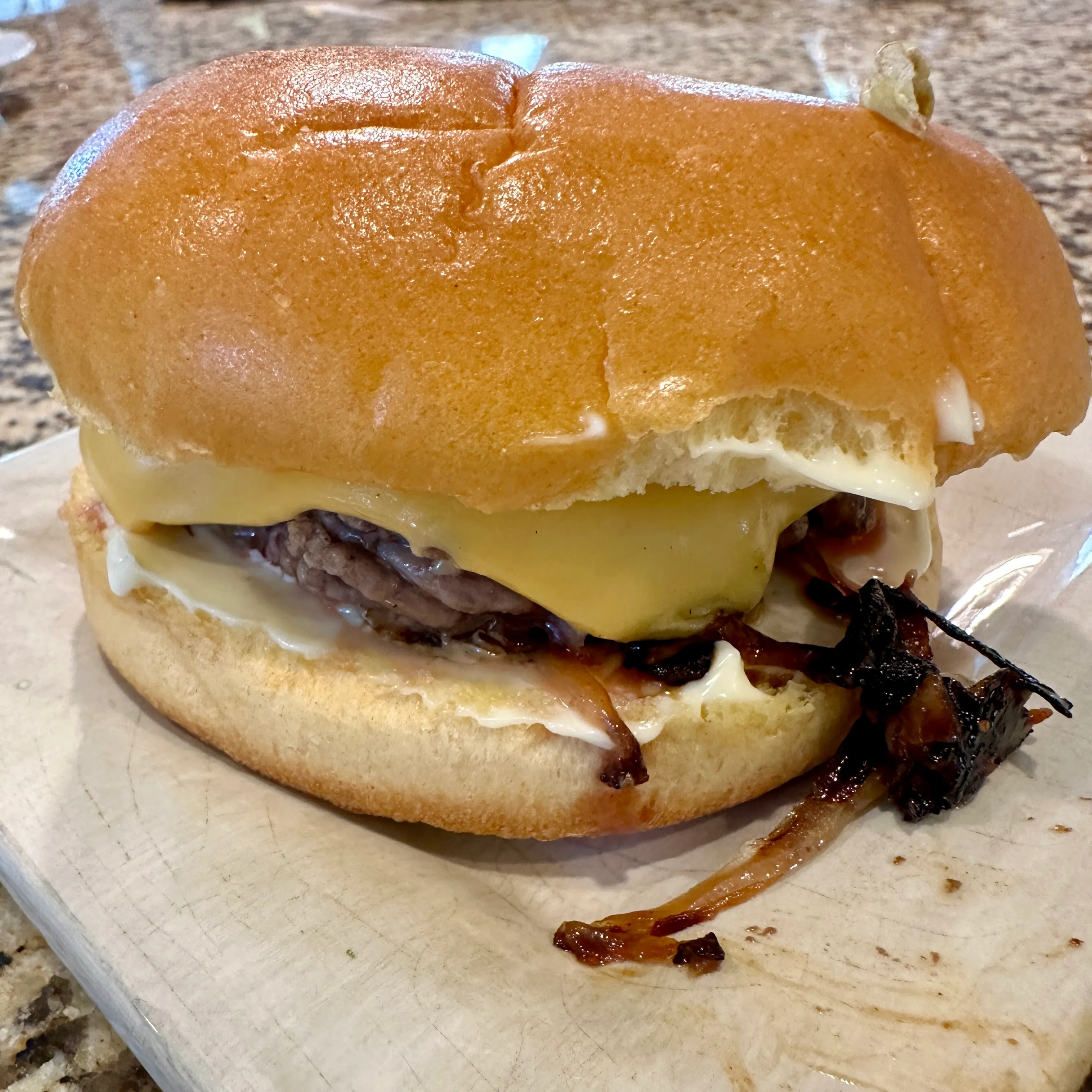 [NEEDS ORIGINAL] Oklahoma-style smash with crushed onions — Skinny Louie style, alt: Oklahoma onion smash burger Biscayne