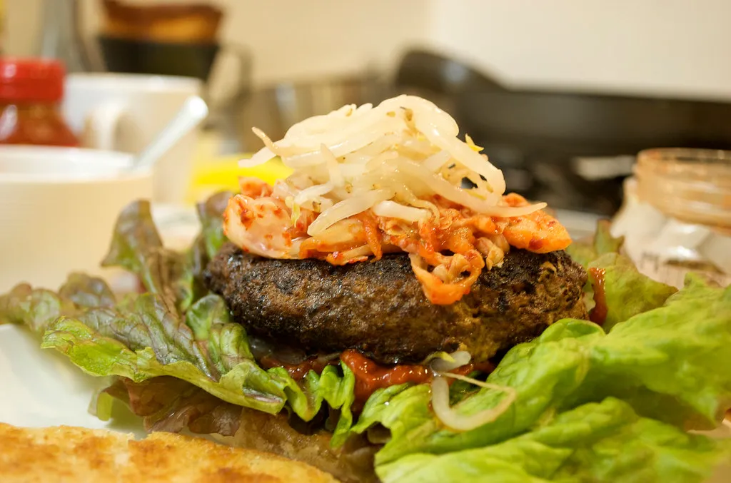 Double smash burger with kimchi and special sauce, best smash burger NYC