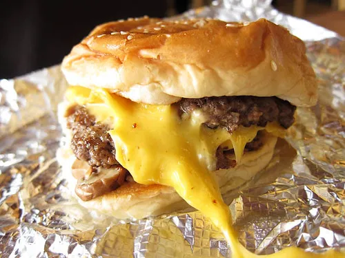 Five Guys cheeseburger topped with grilled mushrooms from the All The Way toppings
