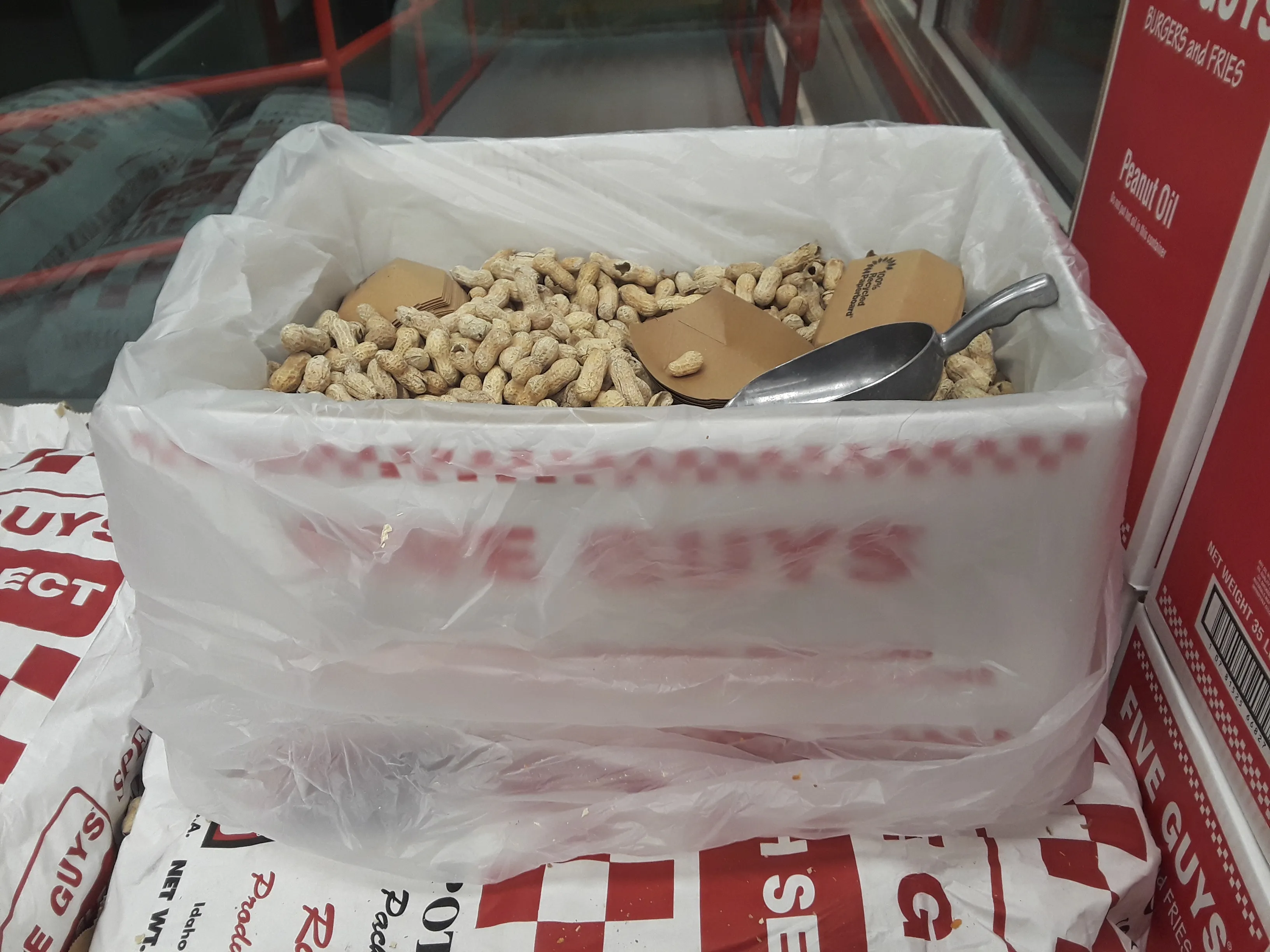 Free roasted peanuts with an allergen warning at a Five Guys near Washington, D.C.
