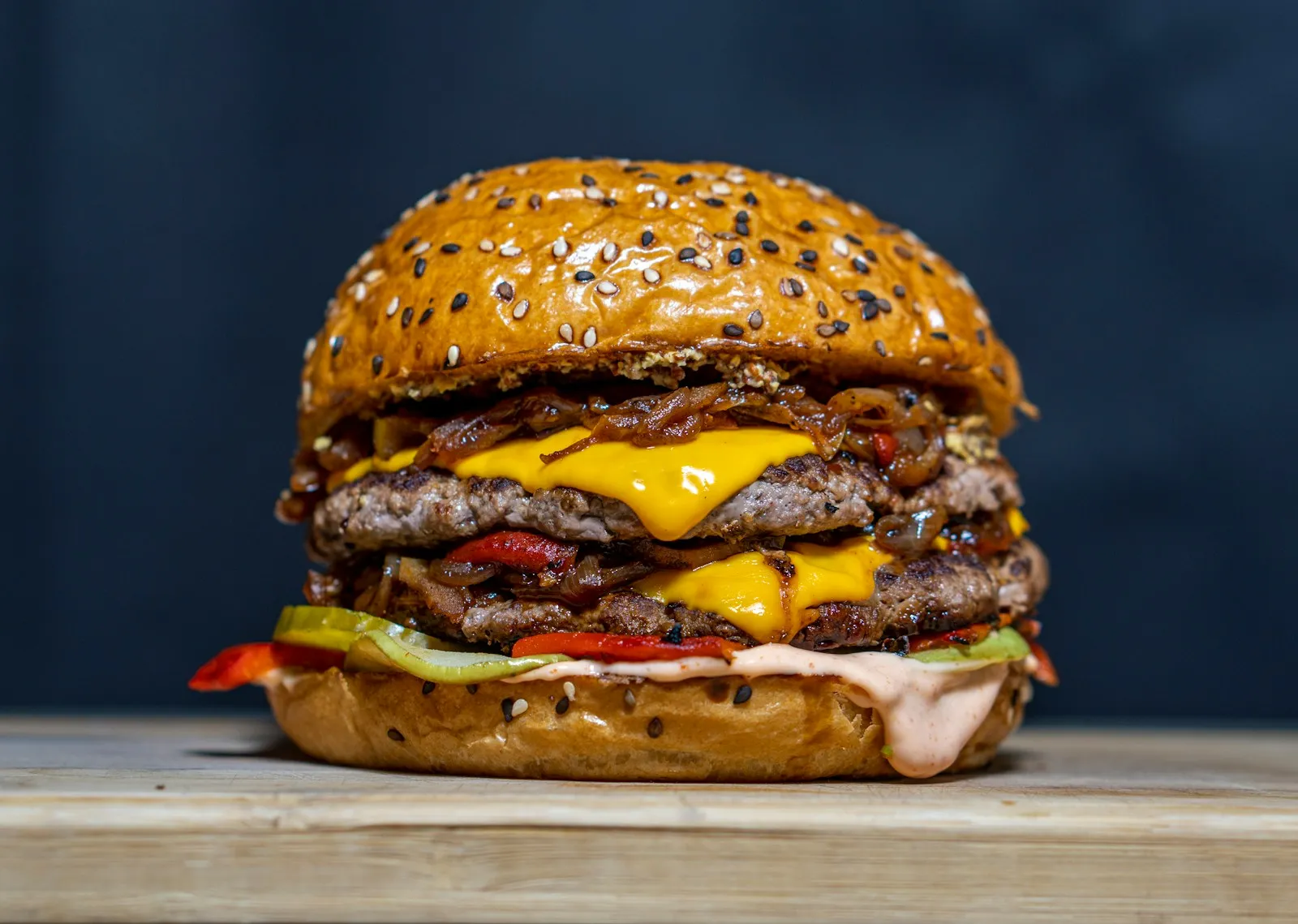 Homemade double-patty cheeseburger with two thick beef patties and melted cheese, Five Guys copycat style