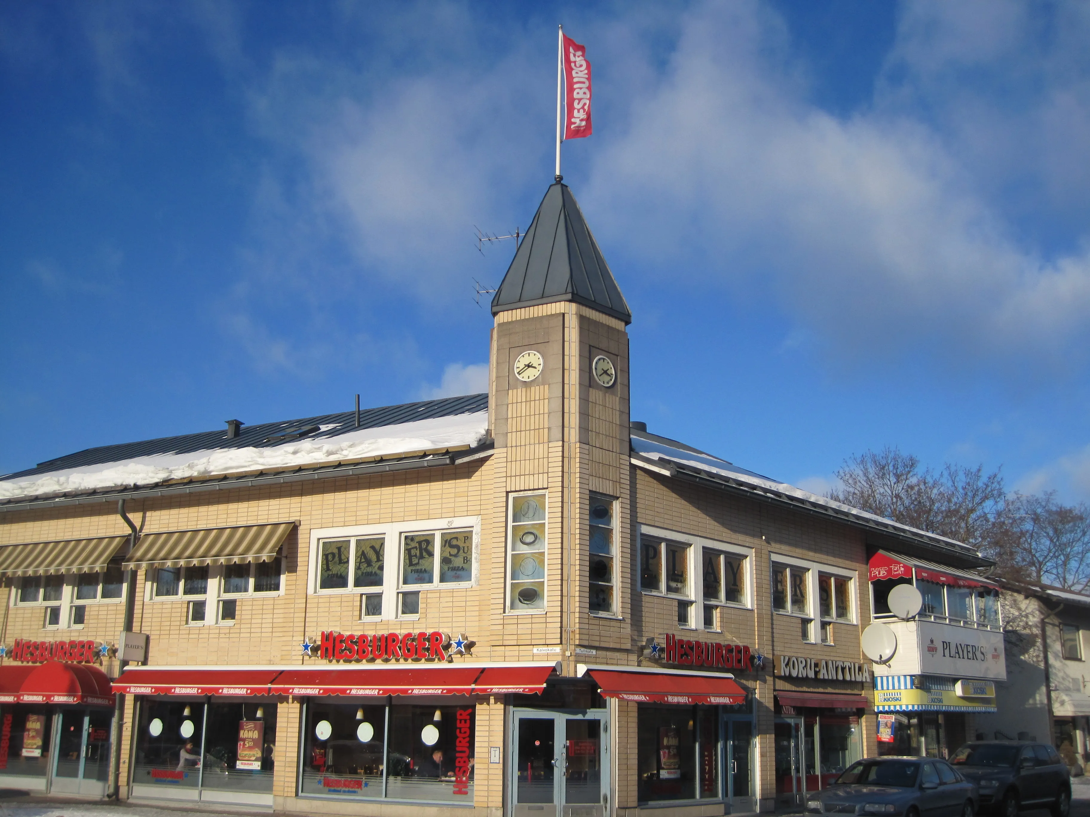 Hesburger restaurant at Tullikatu 8 in Naantali, Finland, in winter