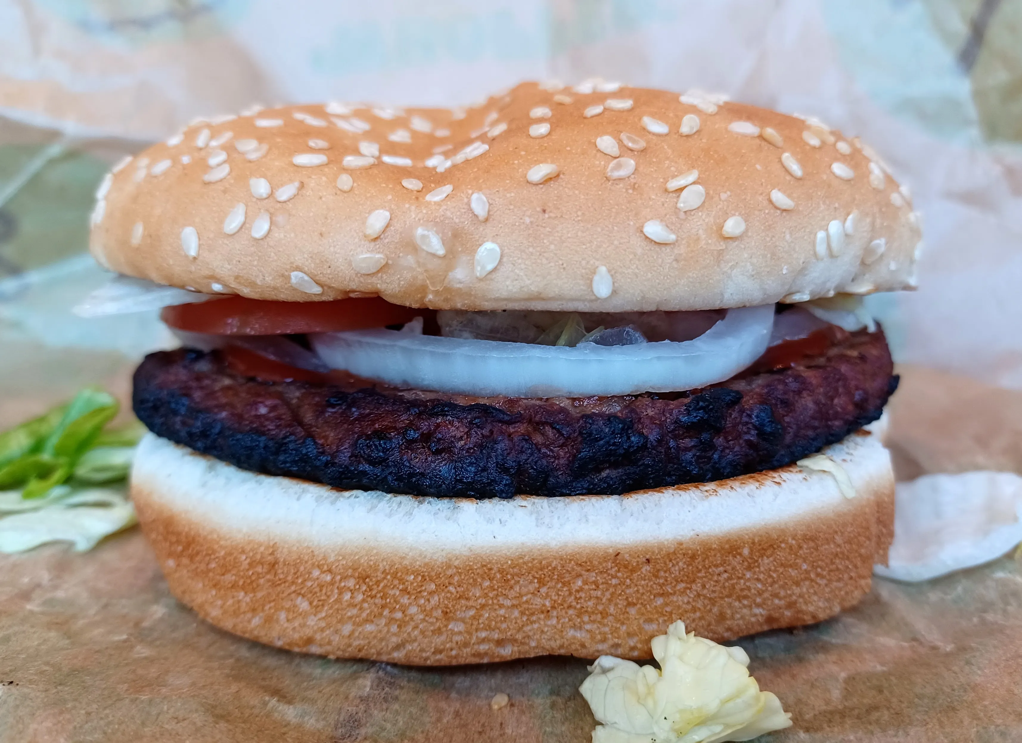 Plant-based Impossible Whopper from a US Burger King, ordered without mayo