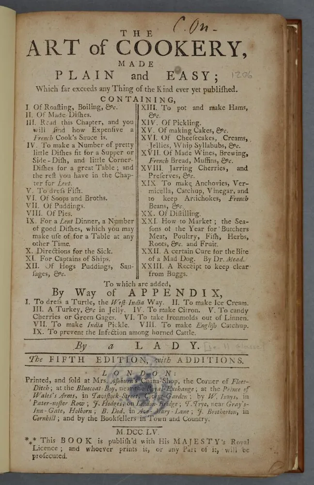Page de titre de The Art of Cookery, Made Plain and Easy d’Hannah Glasse, livre dont l’édition de 1763 contient la recette de « Hamburgh Sausage », ancêtre écrit du hamburger