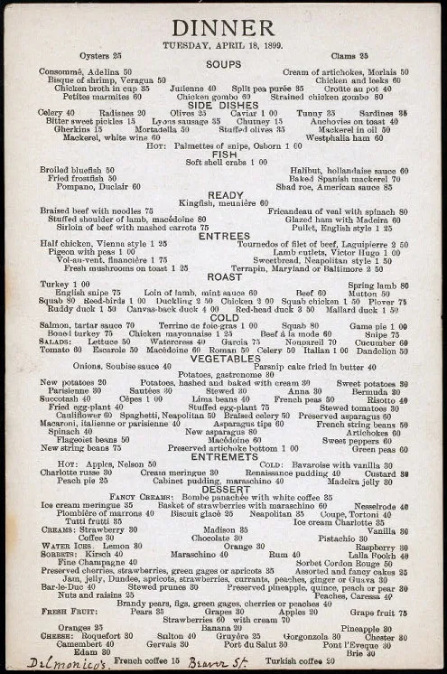 Authentique menu de Delmonico’s d’avril 1899, à comparer avec la fausse carte de 1834 proposant un Hamburg steak