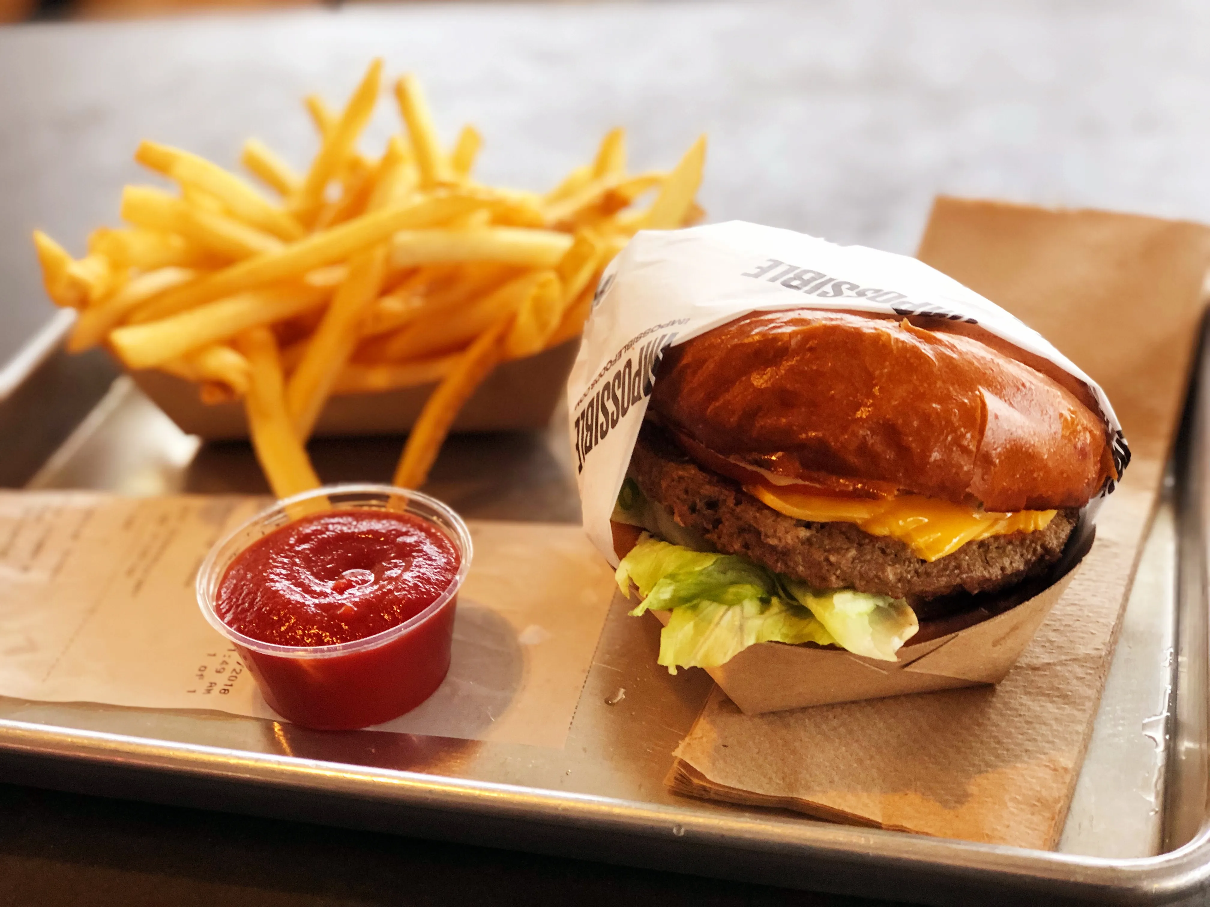Meat-free burger with fries, similar to the hummus-patty Achilles burger at Lux’burgers in Luxembourg