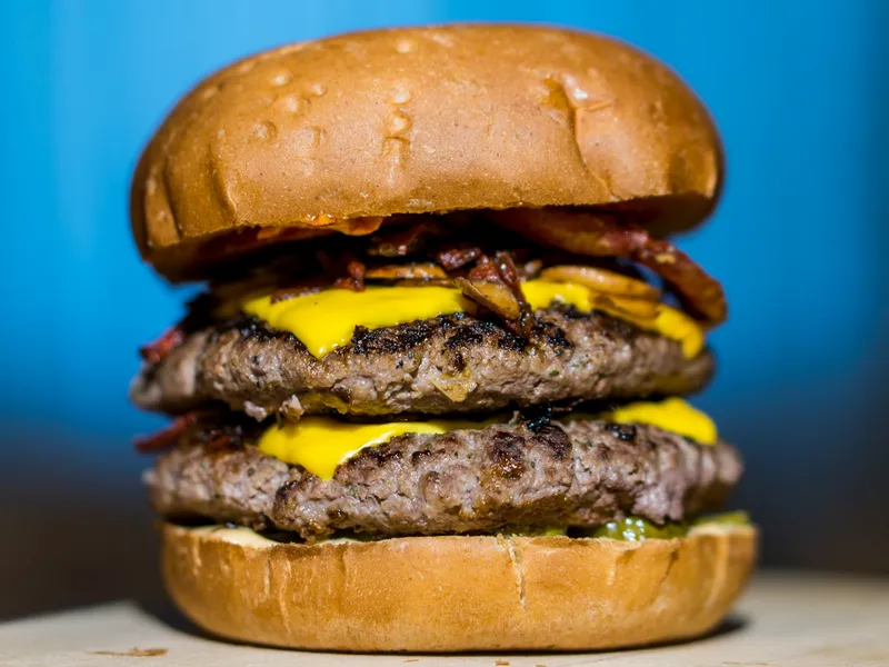 Bacon King copycat double cheeseburger with two grilled beef patties, melted American cheese and crisp bacon