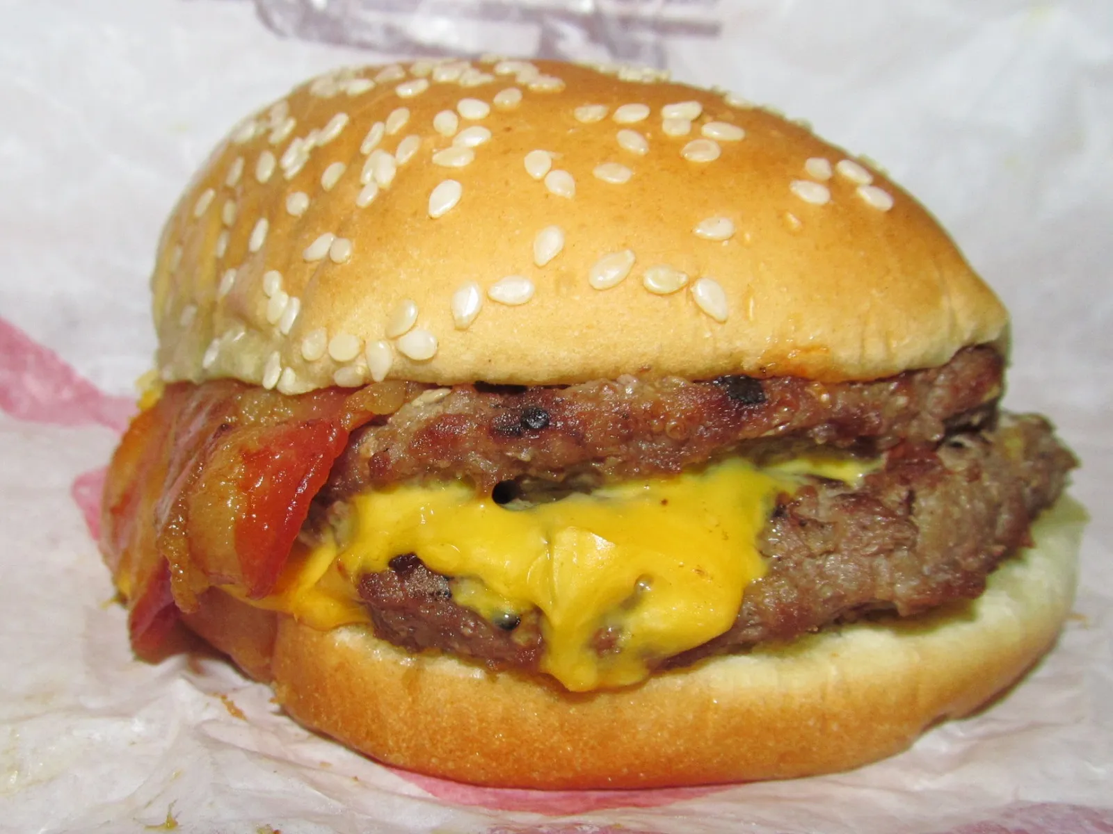 Burger King Bacon Double Cheeseburger close up, the smaller sibling of the Bacon King