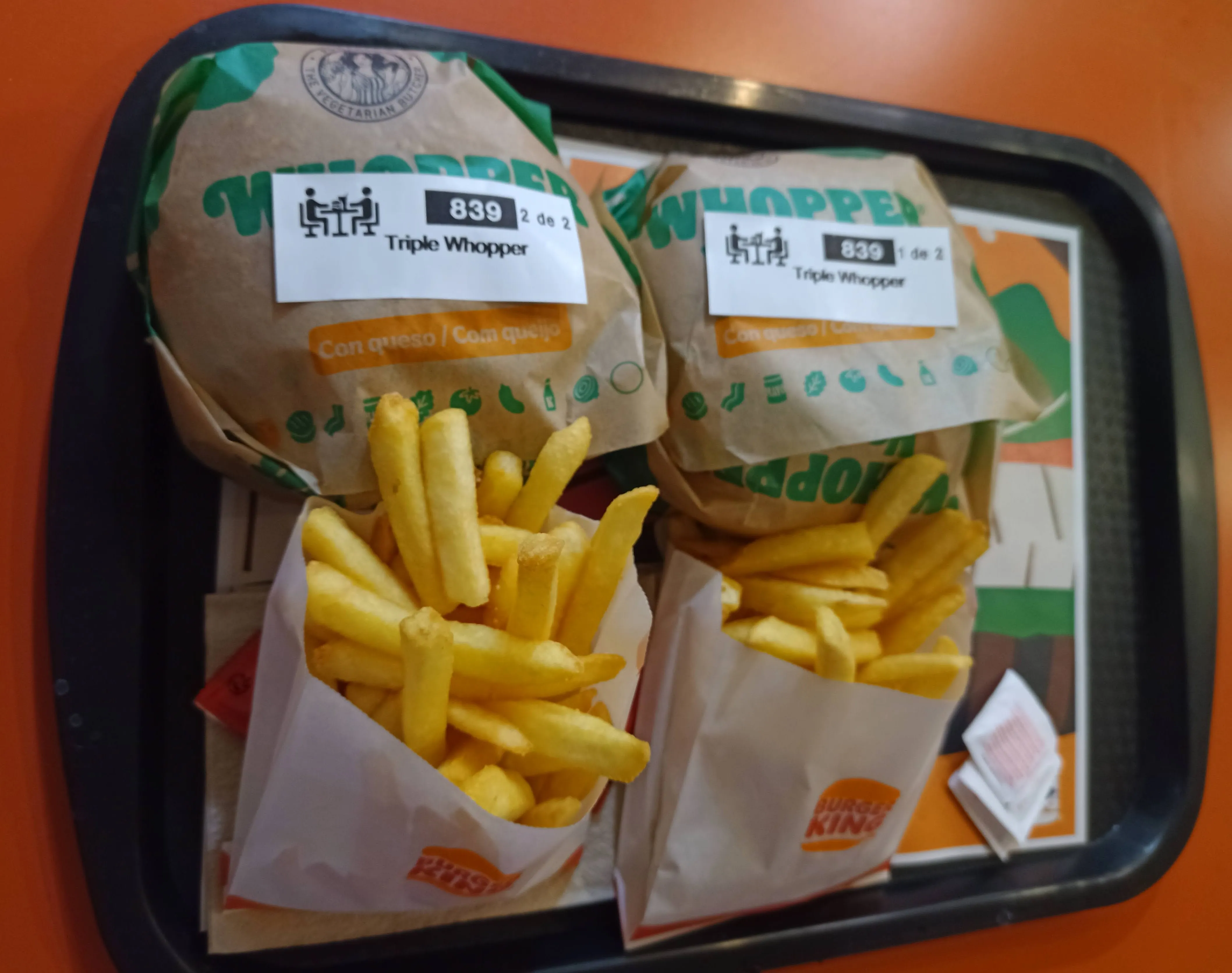 Triple Whopper with three flame-grilled beef patties served at a Burger King in Valencia, Spain
