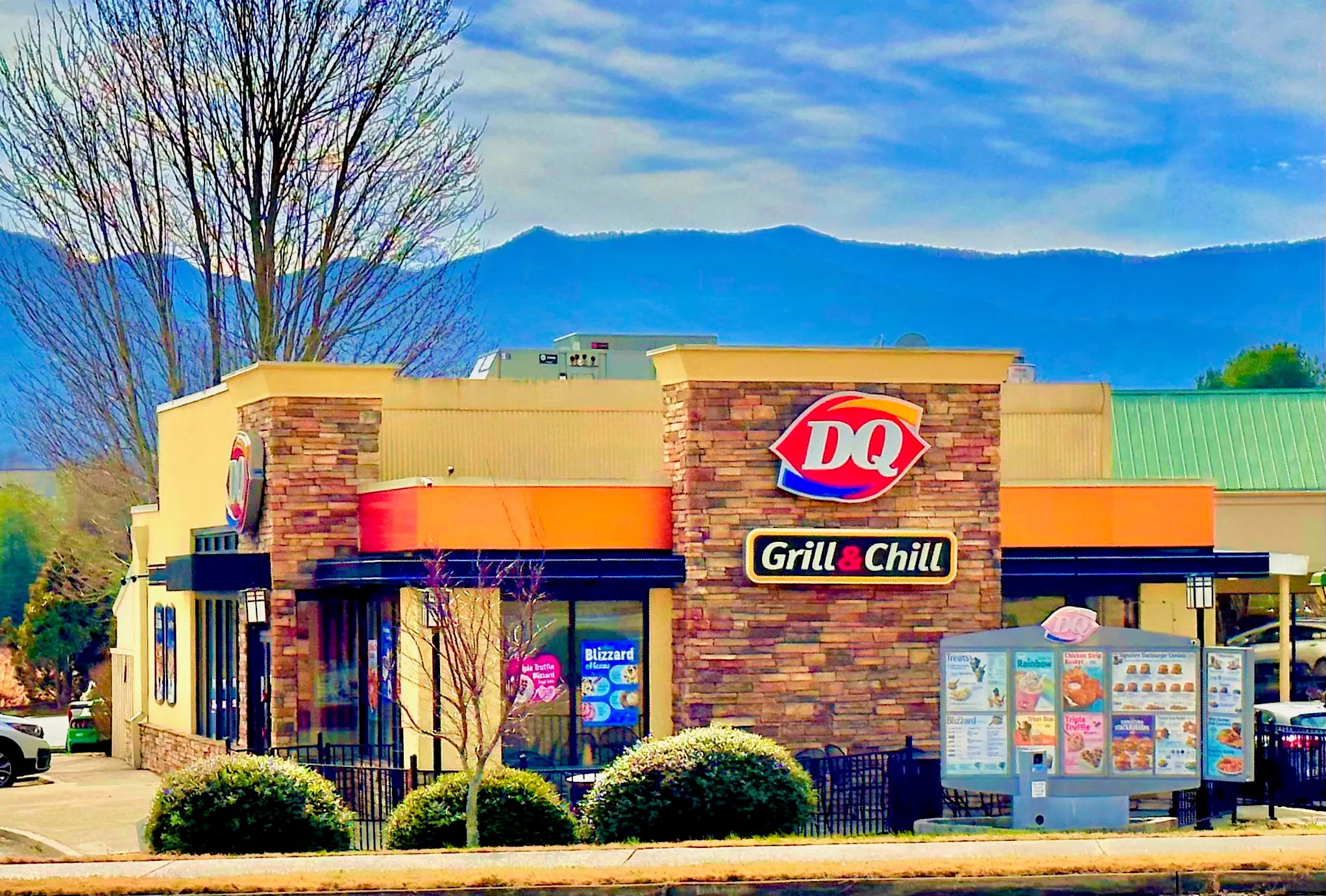 Dairy Queen Grill &amp; Chill restaurant with its drive-thru menu board in Hiawassee, Georgia