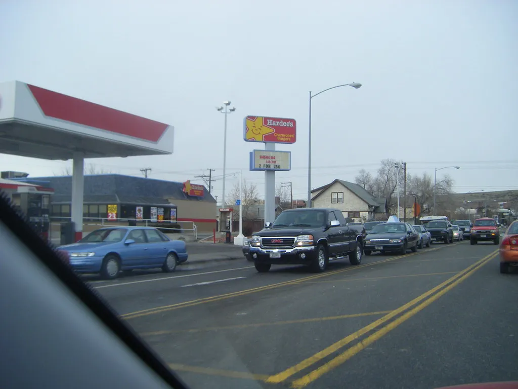 Roadside Hardee’s sign reading Charbroiled Burgers, January 2008