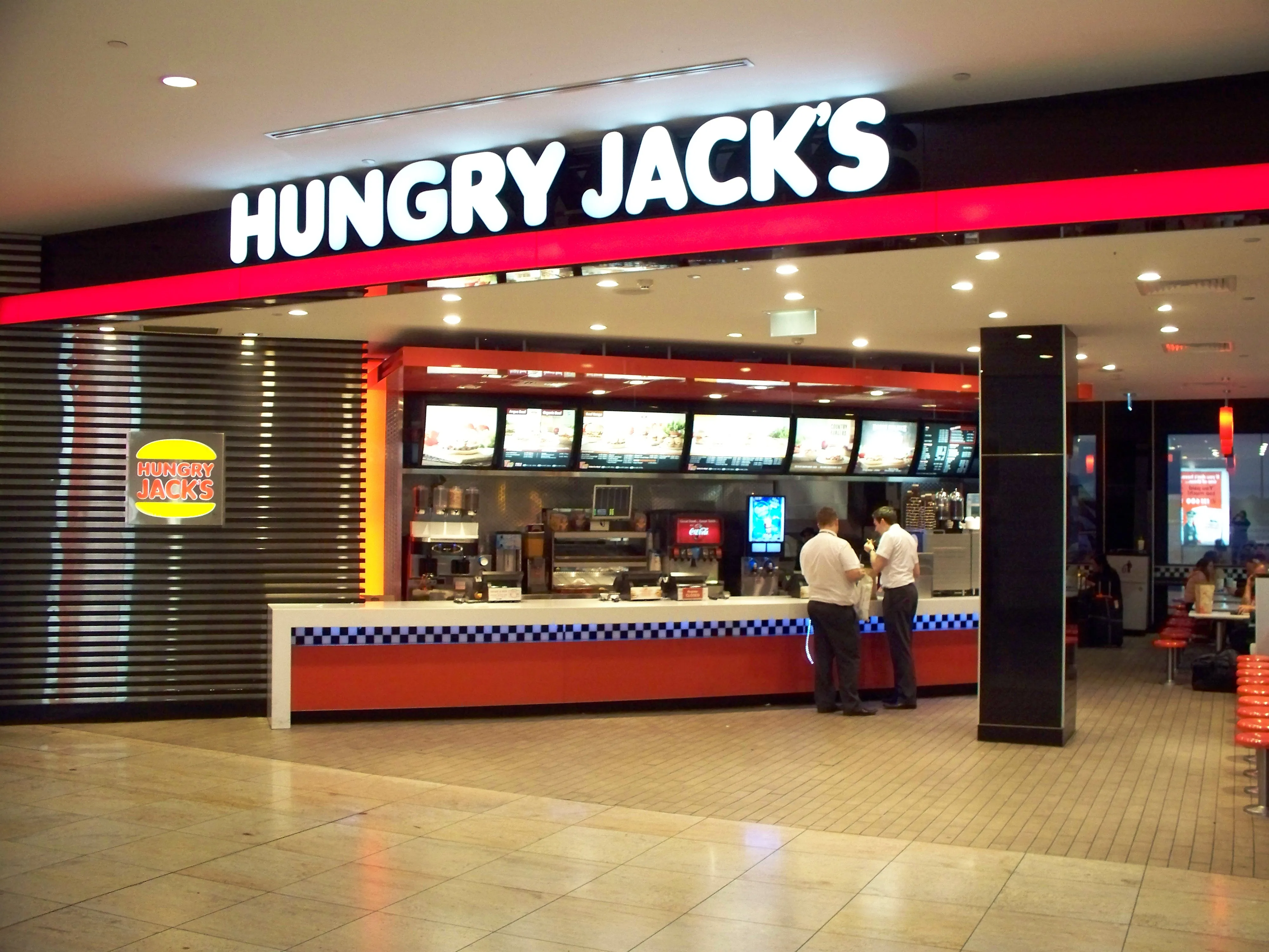 Hungry Jack’s restaurant counter at Melbourne Airport, the Australian Burger King brand that sells the Big Jack Angus