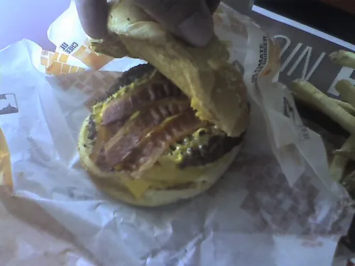 Jack in the Box Bacon Ultimate Cheeseburger with two beef patties, American and Swiss cheese and bacon, bought in Seattle