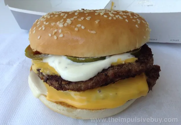 Jack in the Box Jalapeño Ranch Ultimate Cheeseburger with jalapeños and ranch sauce, a discontinued 2014 version