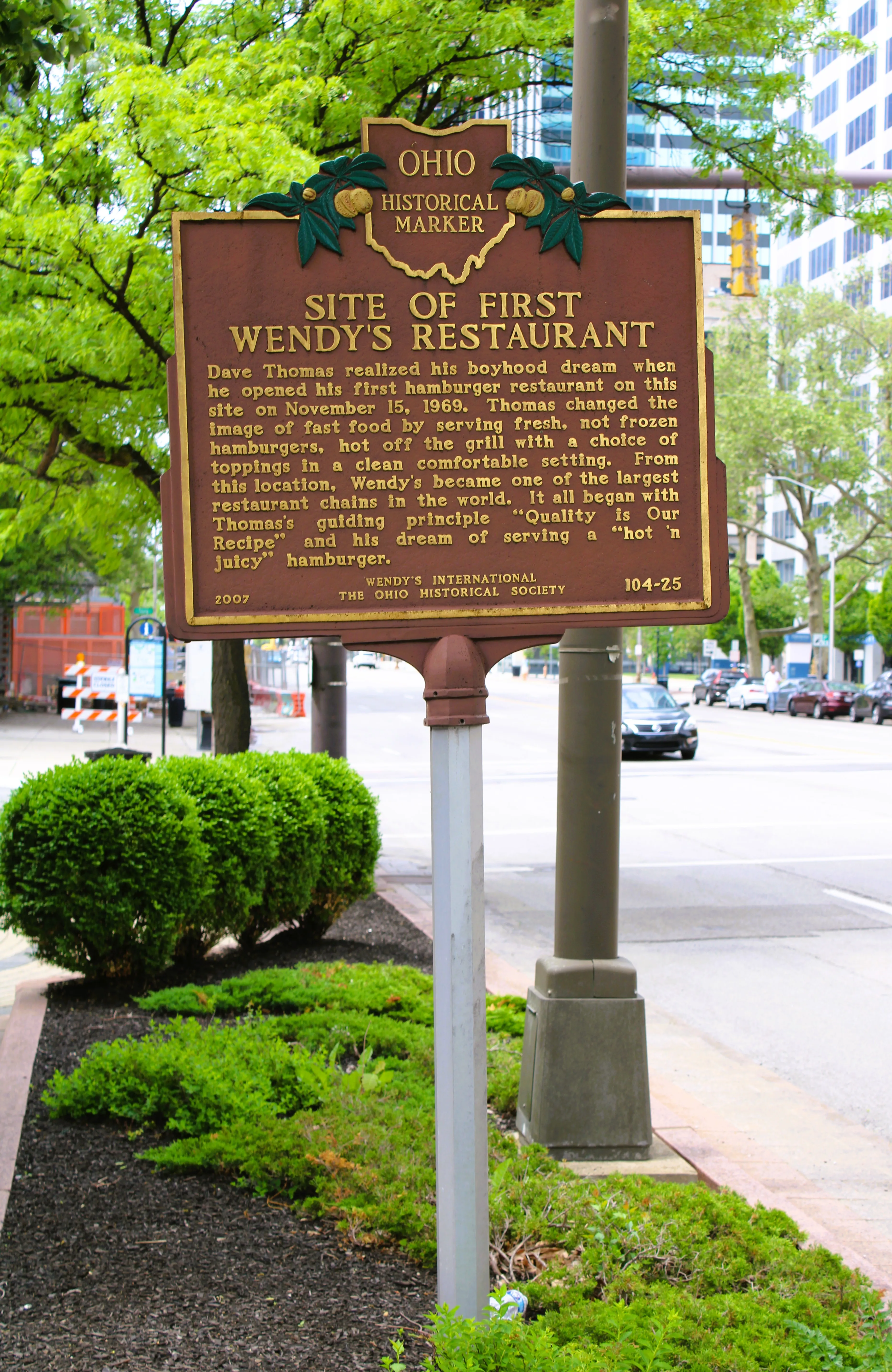 Historical marker for the first Wendy’s restaurant on East Broad Street in Columbus, Ohio