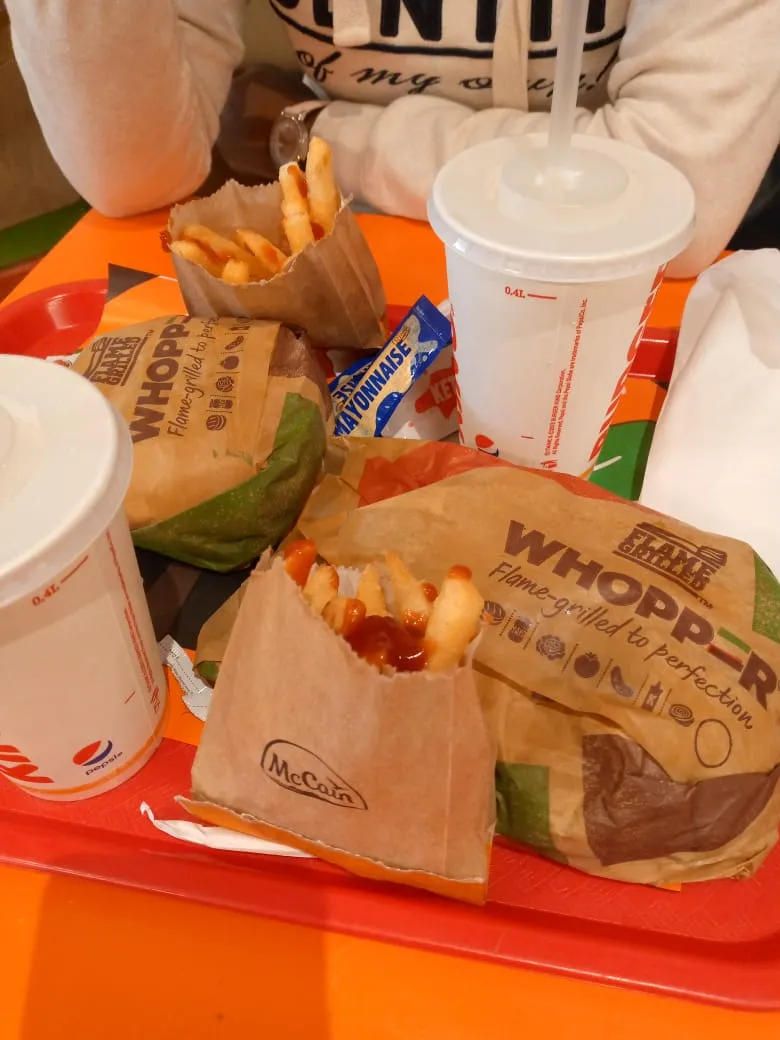 Burger King Whopper meal with fries and a soft drink, the meal sold at Burger King Abidjan (photo taken in South Africa)