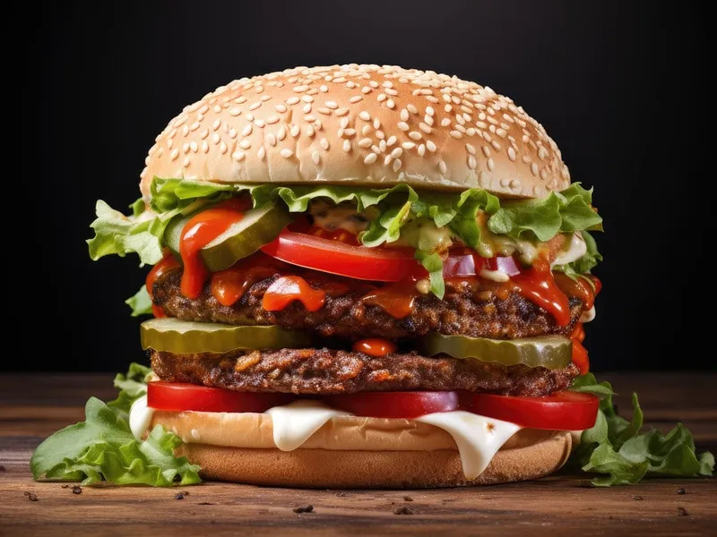Burger King double Whopper with sesame bun, flame-grilled beef, tomato, pickles and onions in Cairo