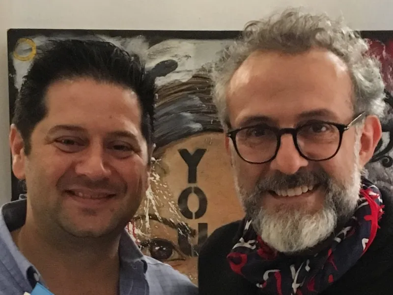 K'u'uk Mérida co-founder Eduardo Rukos with chef Massimo Bottura inside the Yucatecan fine-dining restaurant, 2018