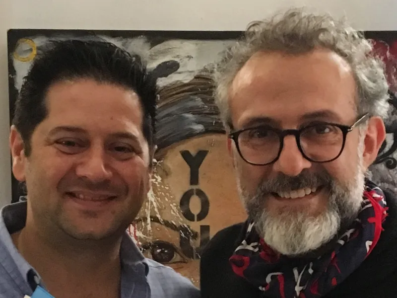 K'u'uk Mérida co-founder Eduardo Rukos with chef Massimo Bottura inside the Yucatecan fine-dining restaurant, 2018