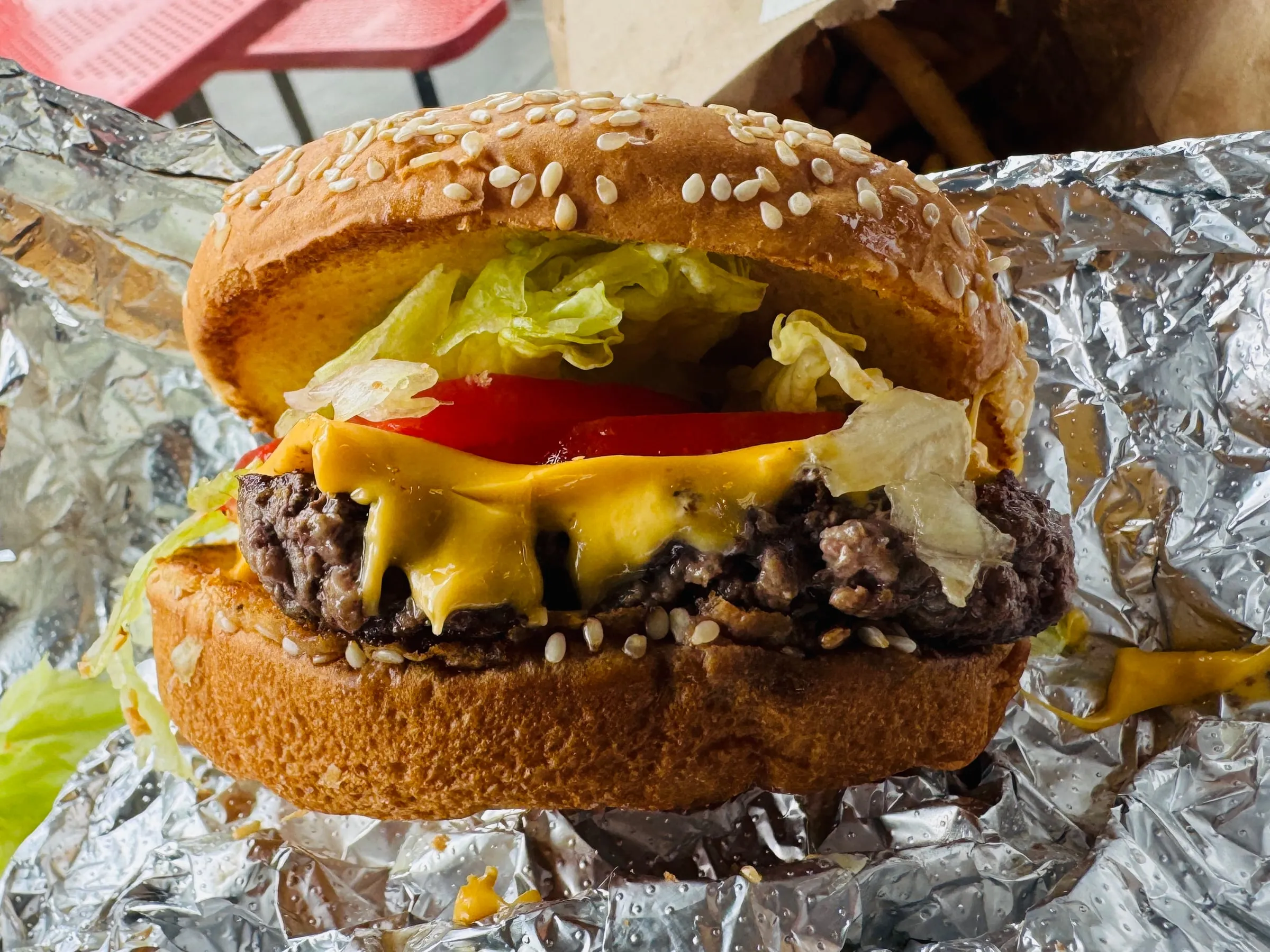 Five Guys cheeseburger with lettuce and tomato, made to order