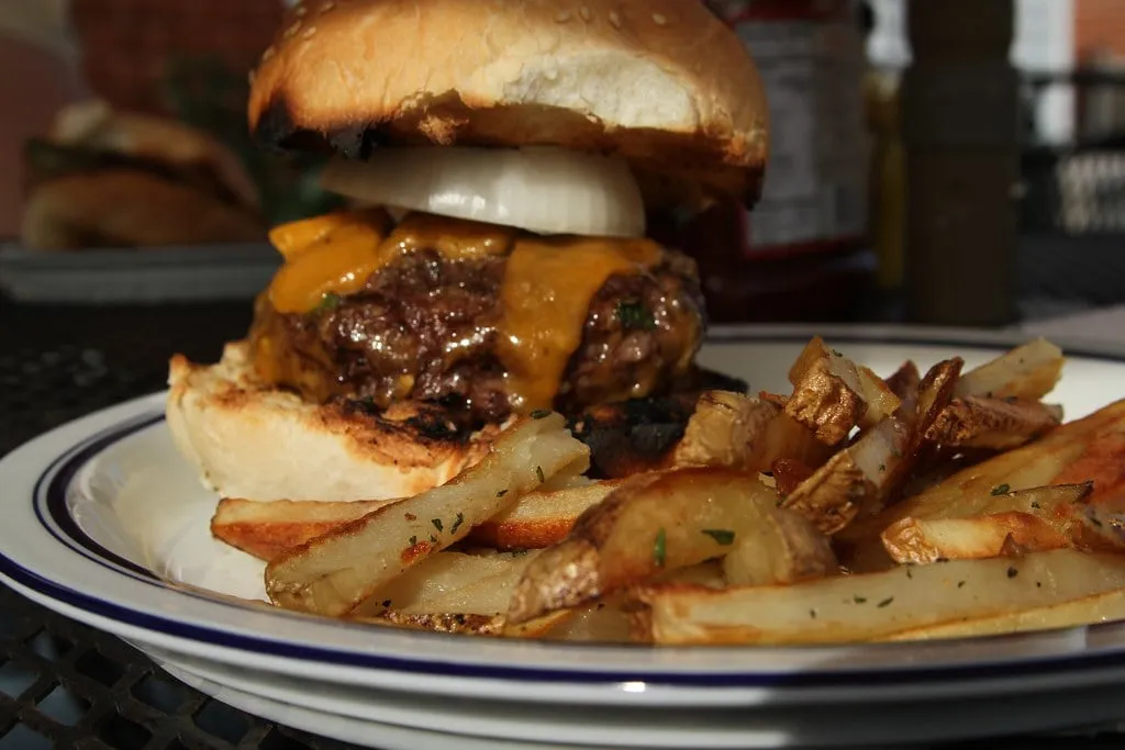 Cheeseburger with melted American cheese and fries, in the style of the Classic Cheese Burger at Aly's Classic Burger in Florianópolis