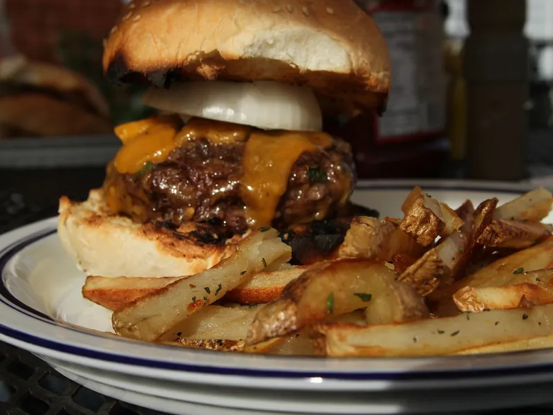 Cheeseburger with melted American cheese and fries, in the style of the Classic Cheese Burger at Aly's Classic Burger in Florianópolis