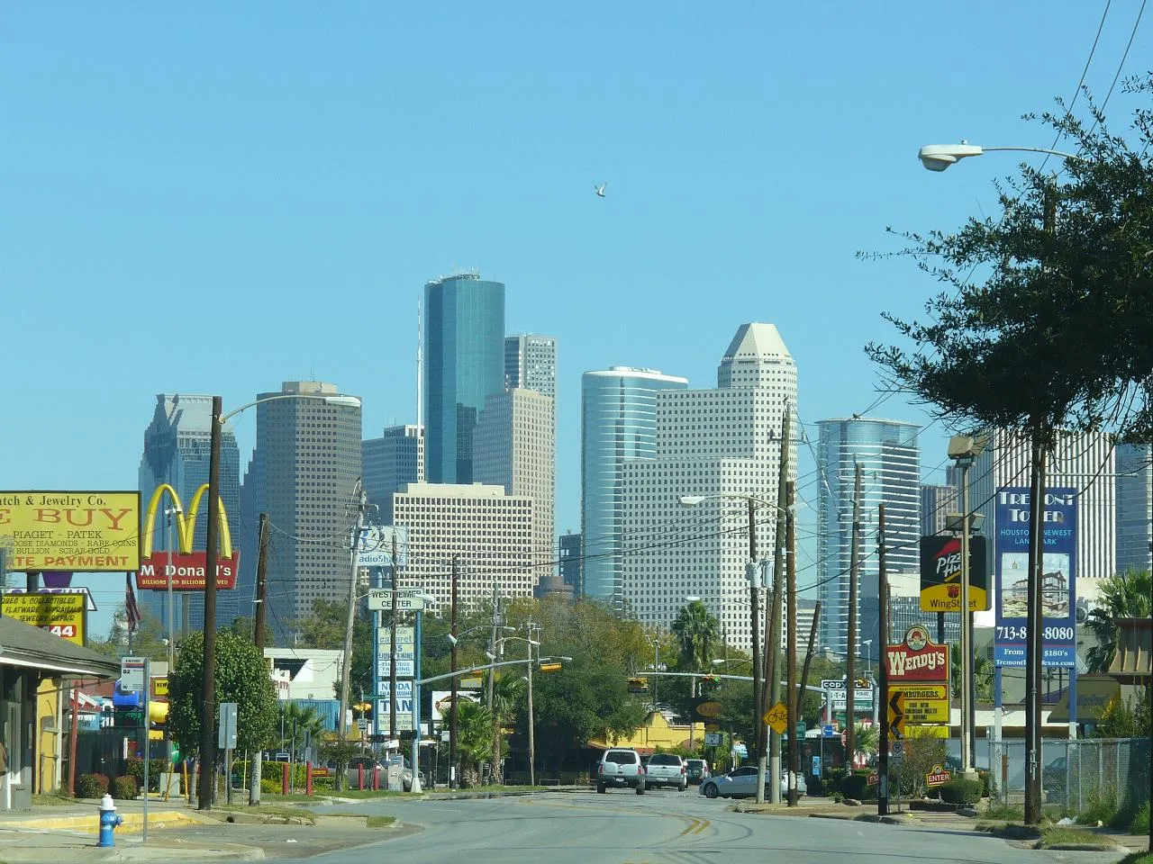 Downtown Houston skyline seen from Westheimer Road, the bus corridor to Whataburger No. 266 near the Galleria