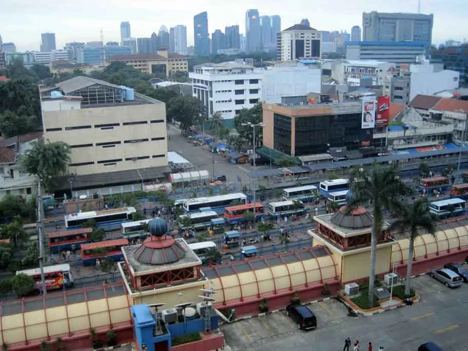 Blok M bus terminal and South Jakarta skyline near the Lawless Burgerbar Blok M branch on Jl. Melawai V