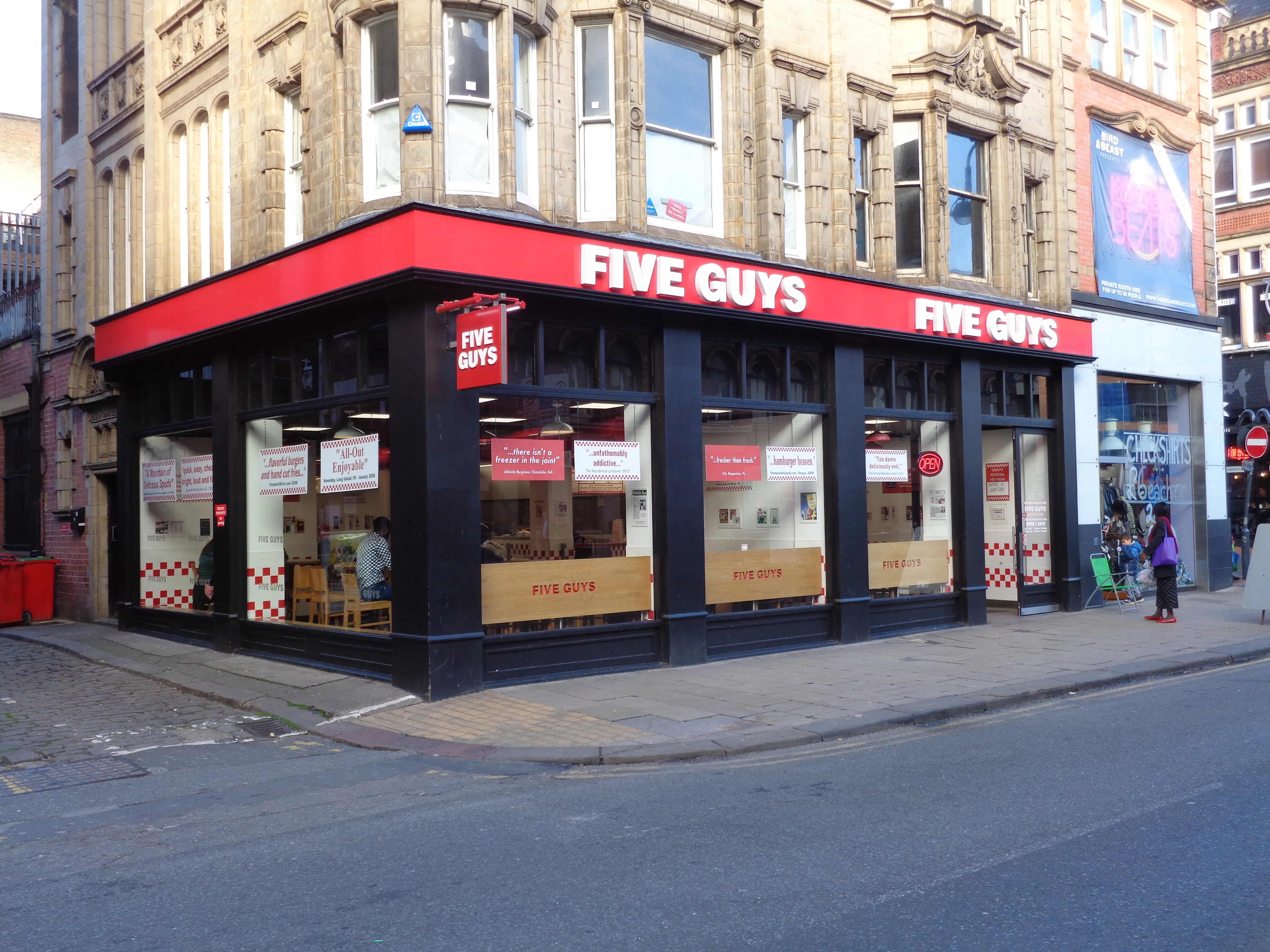 Former Five Guys restaurant on Duncan Street, Leeds, in a Grade II-listed building near the Corn Exchange