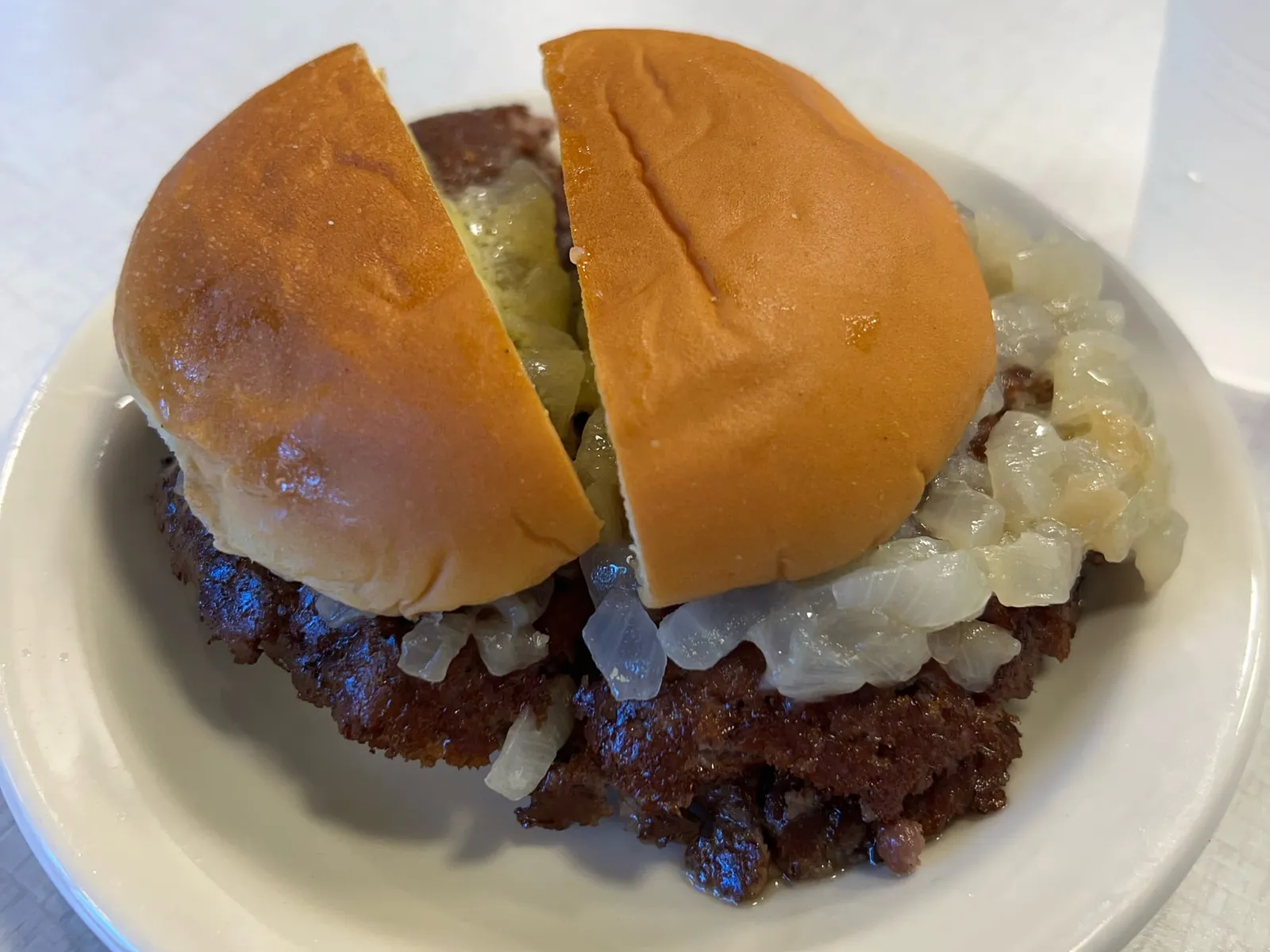 Wisconsin-style butter burger with stewed onions and melting butter, the style Solly's Grille made famous