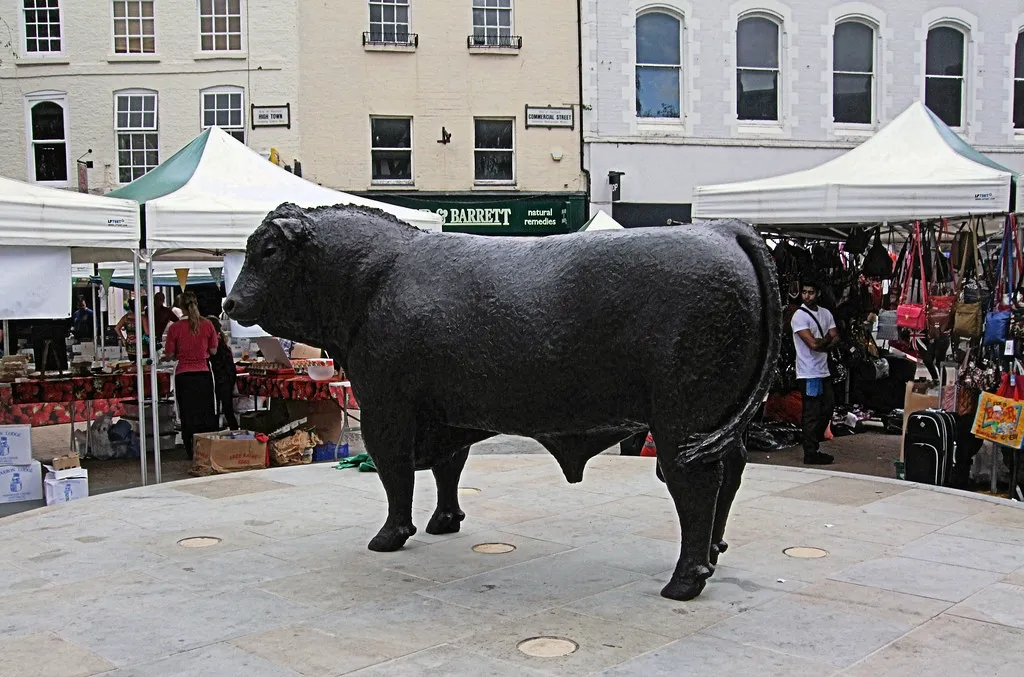 Bronze Hereford bull statue in High Town, Hereford, home town of The Beefy Boys founders