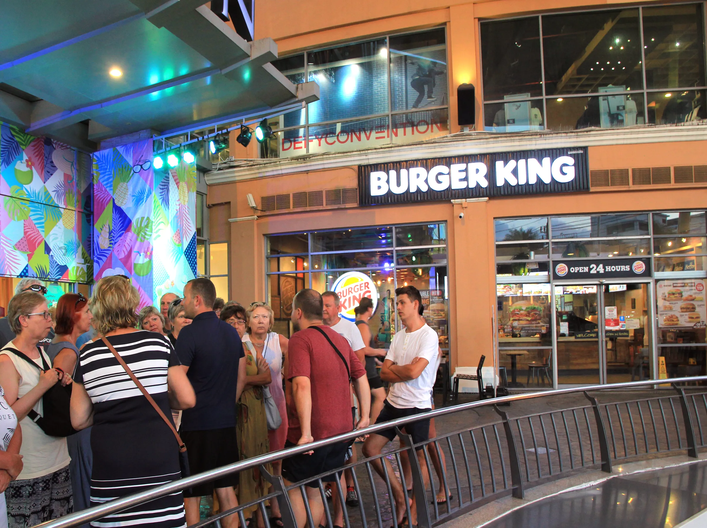 Burger King Jungceylon in Patong, Phuket, with its Open 24 hours sign above the entrance