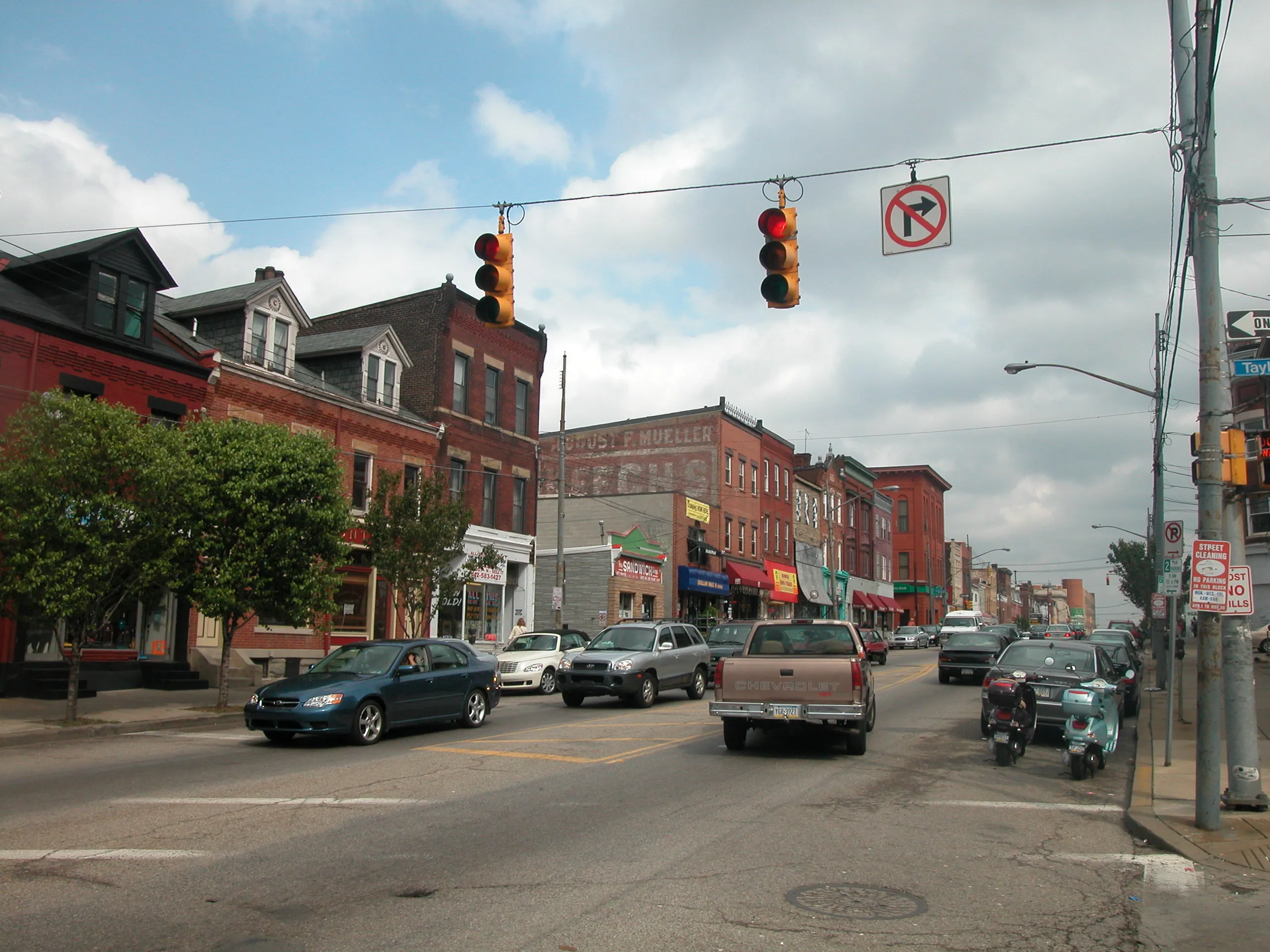 Liberty Avenue at Taylor Street in Bloomfield, Pittsburgh, the corner where Tessaro’s burger restaurant stands
