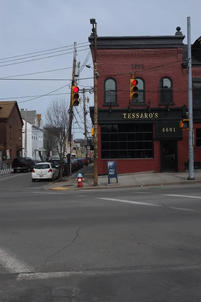 Tessaro's Pittsburgh storefront, the red-brick corner building at 4601 Liberty Avenue and Taylor Street in Bloomfield