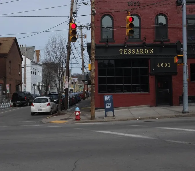 Tessaro's Pittsburgh storefront, the red-brick corner building at 4601 Liberty Avenue and Taylor Street in Bloomfield