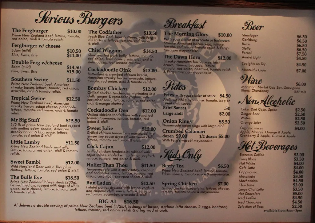 Fergburger ‘Serious Burgers’ menu board in 2010 showing The Fergburger at NZ$10.00