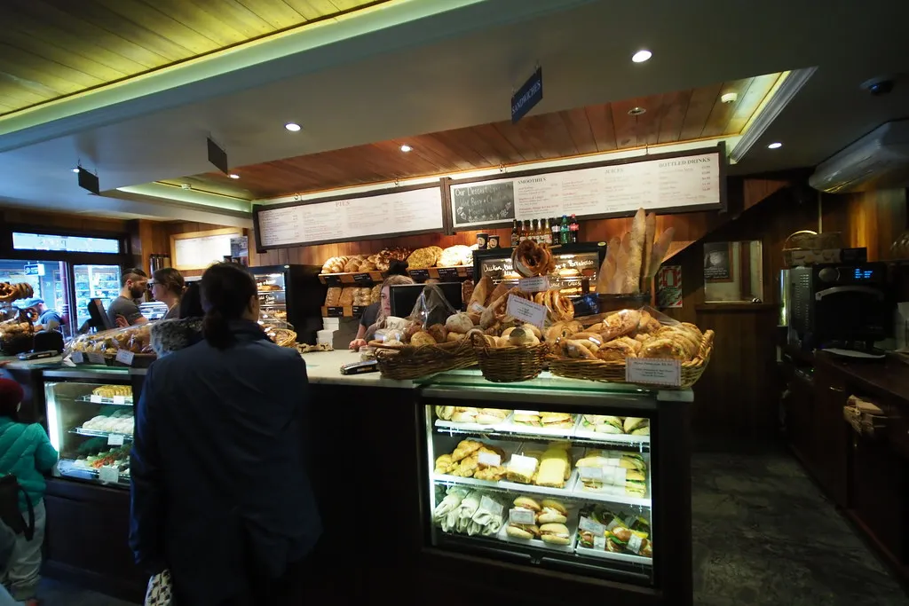 Fergbaker bakery counter on Shotover Street, Queenstown, with pies, bagels and pretzels