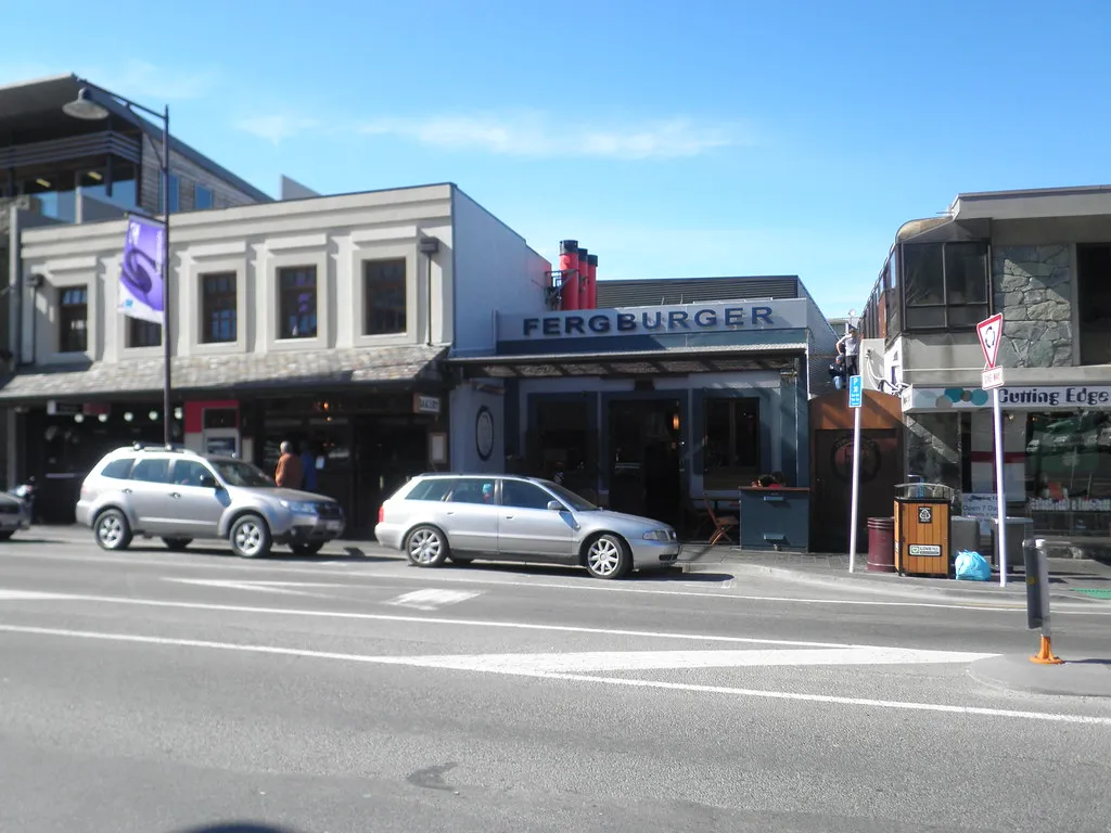 The Fergburger building on Shotover Street in central Queenstown in daylight