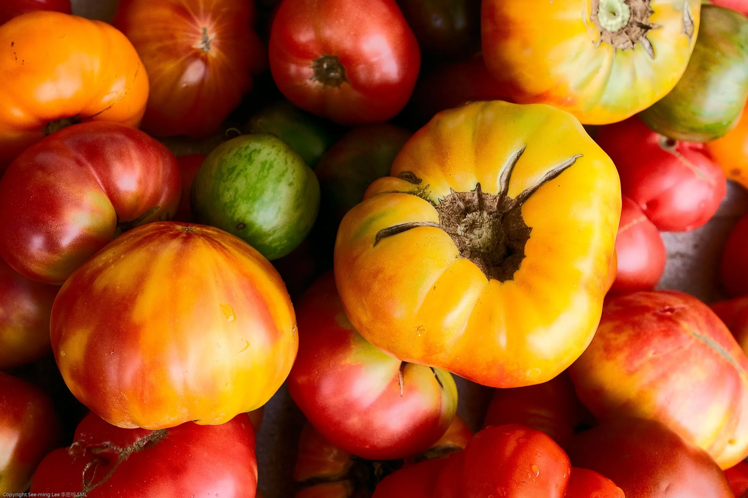 Tomates heirloom de final de verano en un mercado de agricultores, ingrediente de temporada de la hamburguesa de Mulvaney’s B&amp;L