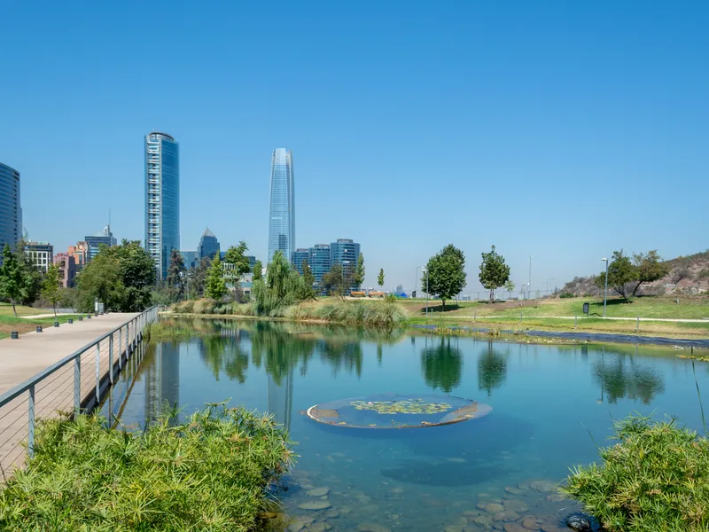 Vitacura skyline from Parque Bicentenario in Santiago, Chile, the district where chef Kurt Schmidt reopened 99 Restaurante