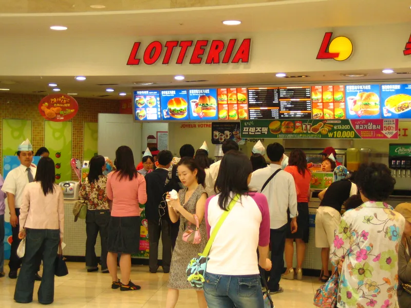 Clientes en la cola del mostrador de un Lotteria de Seúl, bajo los paneles del menú que anuncian la hamburguesa bulgogi