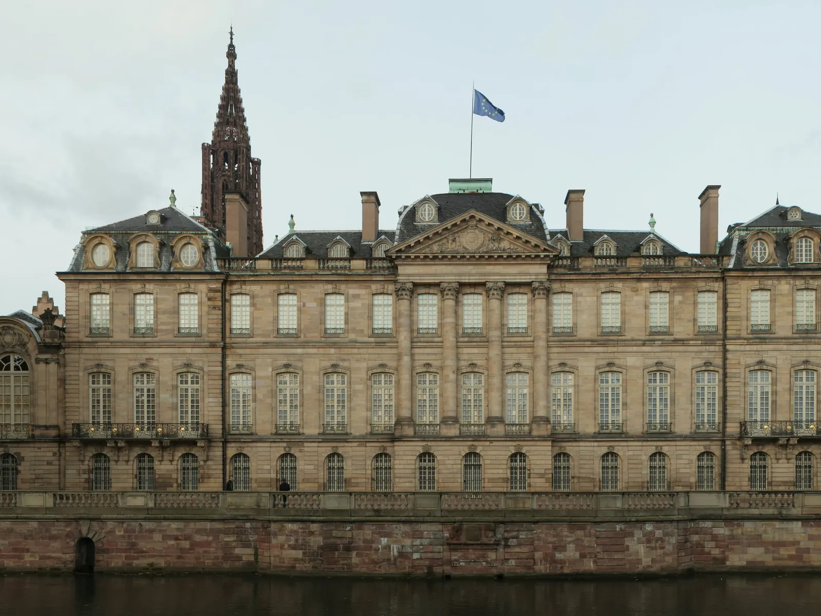 Quai des Bateliers in Strasbourg, home of 1741, the Michelin-starred restaurant founded by Cédric Moulot, with the Palais Rohan across the Ill river
