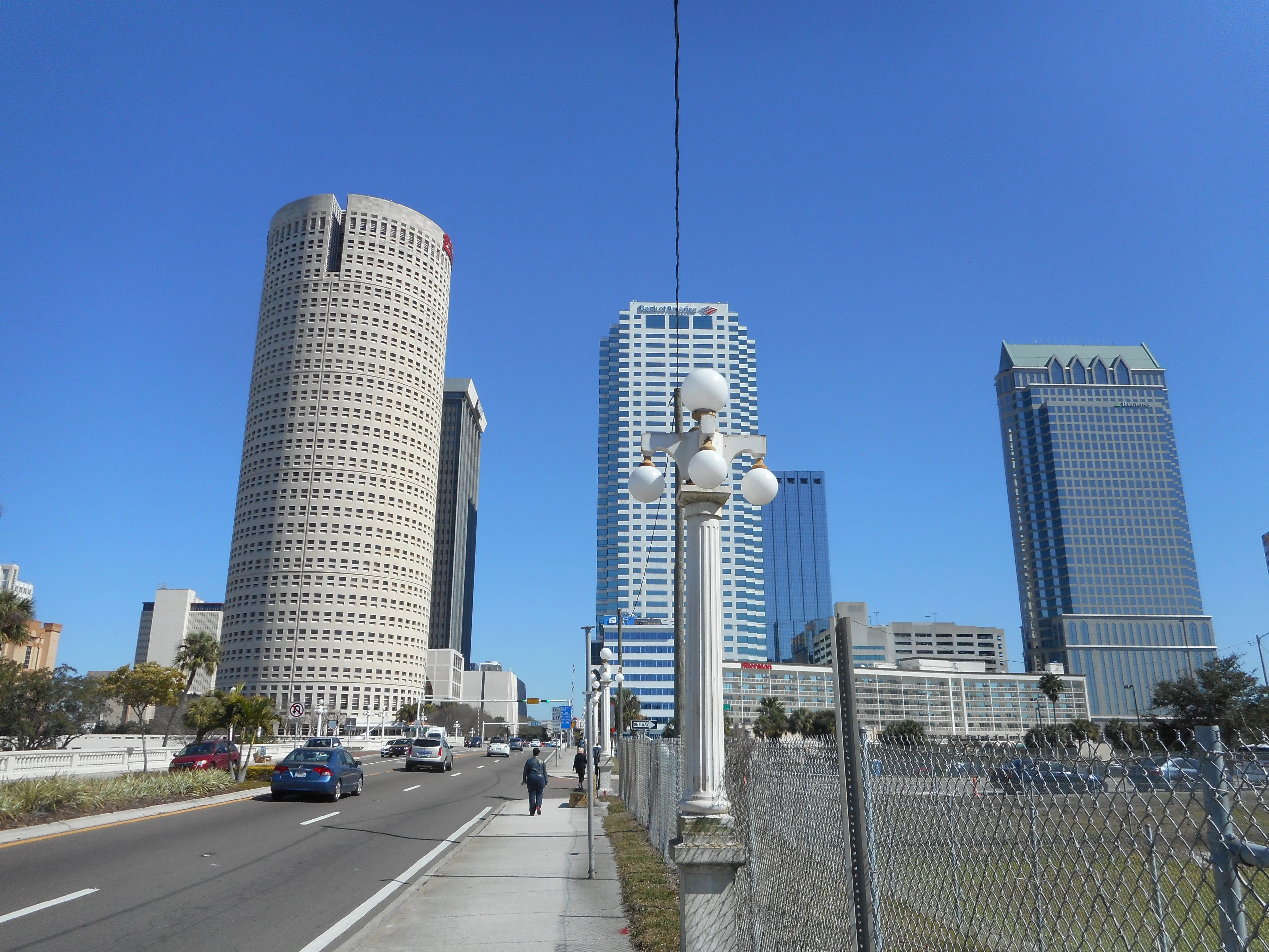 West Kennedy Boulevard crossing the Kennedy Bridge into downtown Tampa, the boulevard where Five Guys Collier Center stands at 3841 W Kennedy Blvd