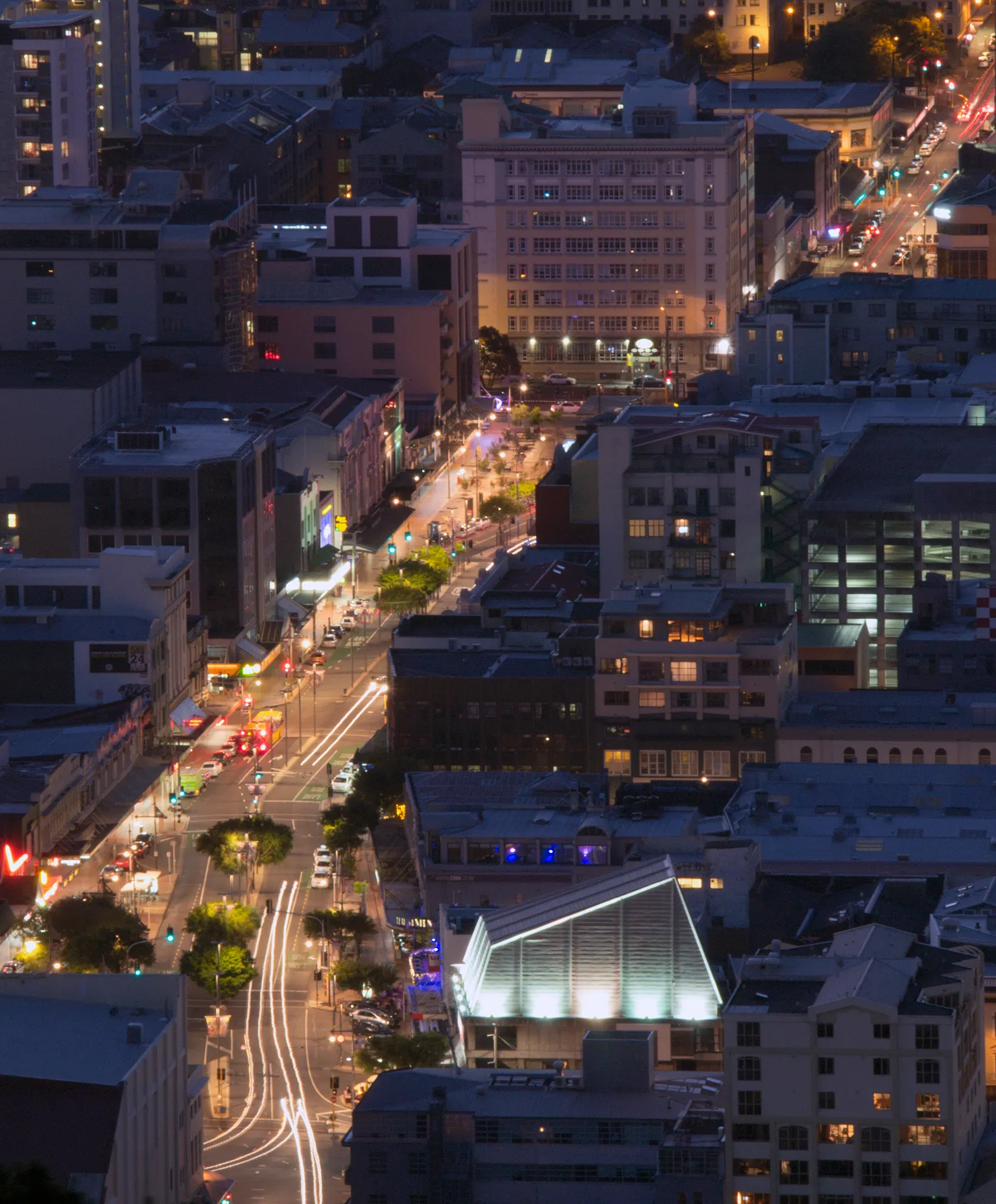 Courtenay Place at night seen from Mount Victoria: Wellington’s nightlife strip, where BurgerFuel stays open until 3am on Fridays and Saturdays.